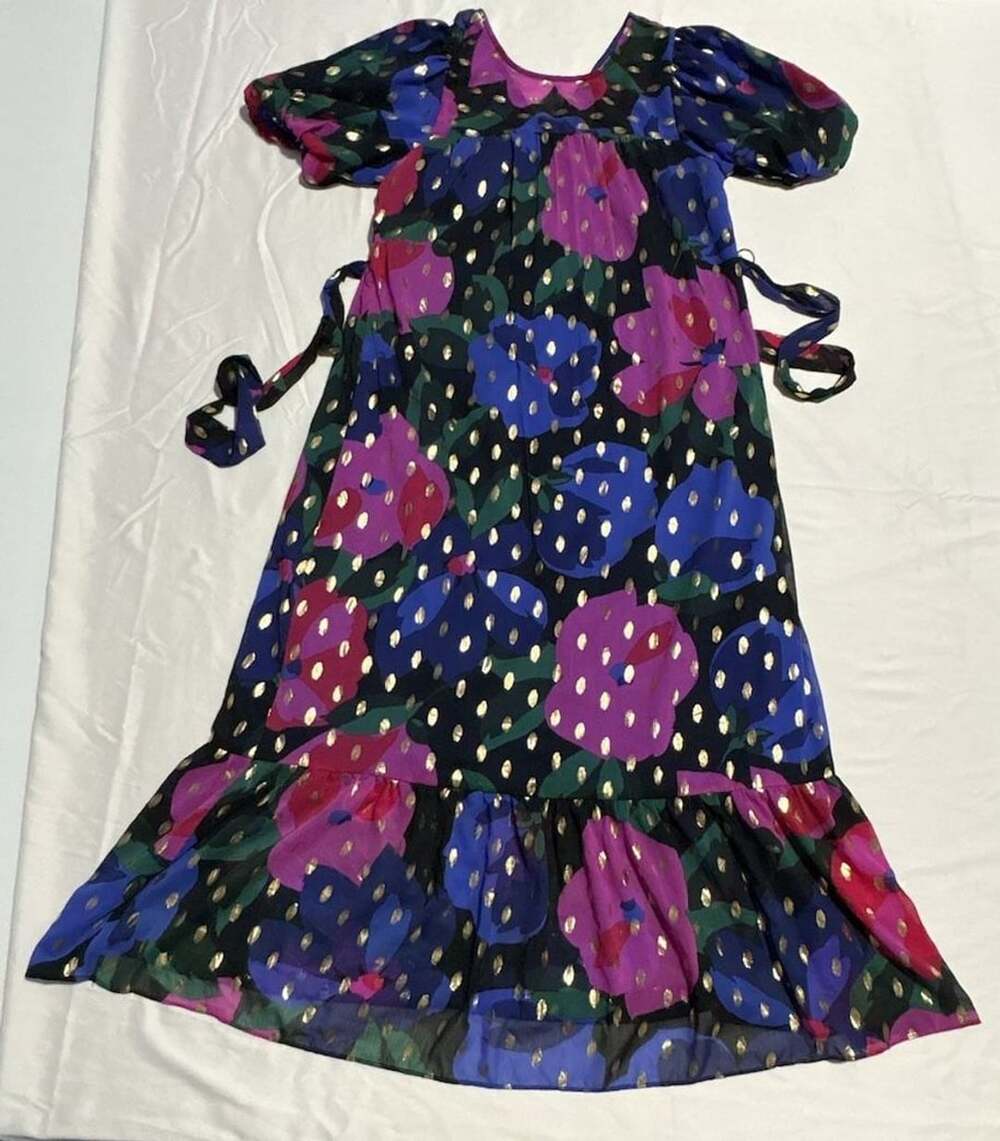 Donna Morgan Gold Foil Floral Print Puff Elbow Sleeve Dress